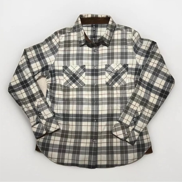 Kuhl Plaid Grey White Brown Full Snap Corduroy Collar Flannel Shirt S - Picture 1 of 8